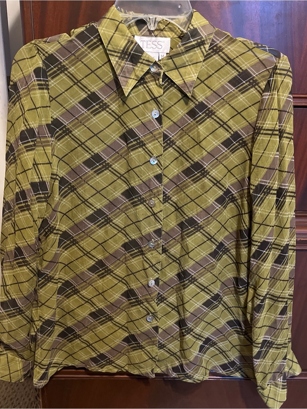 100% silk chartreuse and black plaid button up with mother of pearl buttons